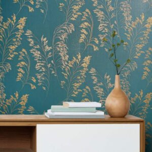 Non-Woven Wallpaper Floral Petrol Gold Metallic 82344