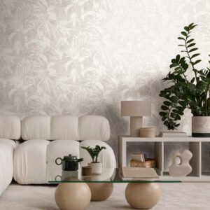 Non-woven wallpaper leaves grey white metallic 78203-3