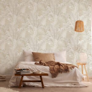 Non-woven wallpaper leaves textile look beige white 39647-4