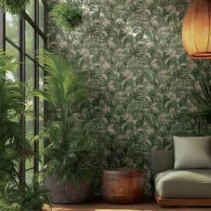 Non-woven wallpaper leaves green gold metallic 78203-6