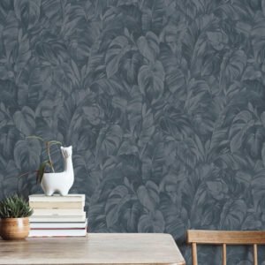 Non-woven wallpaper leaves tropical dark blue 10416-08