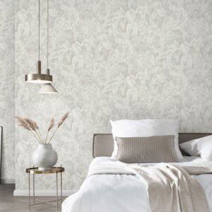 Non-woven wallpaper leaves tropical grey white 10416-10