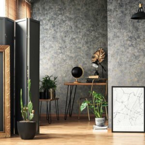 Non-woven wallpaper plaster look grey gold metallic 82373