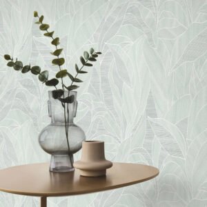 Non-woven wallpaper leaves green white metallic 10530-07