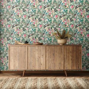 Non-woven wallpaper leaves jungle green pink 81684