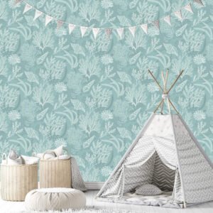Non-woven wallpaper shells seaweed turquoise white 81688