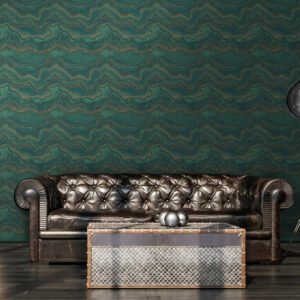 Non-woven wallpaper waves green gold metallic 39659-3