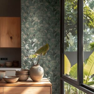 Non-woven wallpaper leaves green blue gold metallic 78203-5