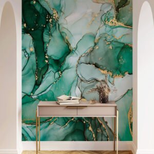 Photo wallpaper marble watercolor look green gold 81681