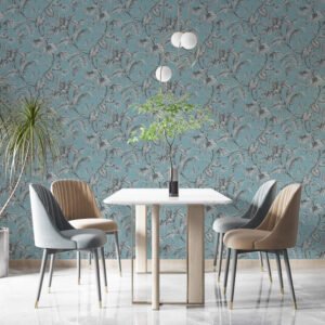 Non-woven wallpaper leaf pattern blue black white 82340