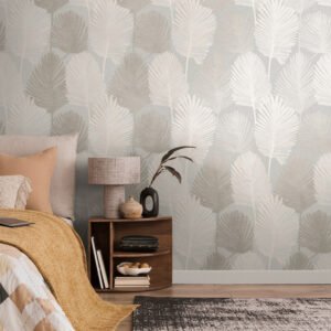 Non-woven wallpaper leaves grey cream gloss 78673-2