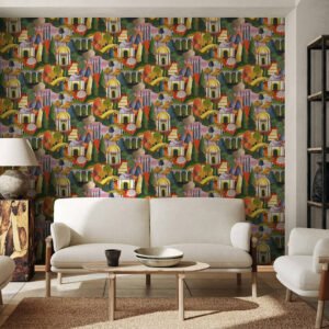 Non-woven wallpaper Mediterranean green yellow pink 81661