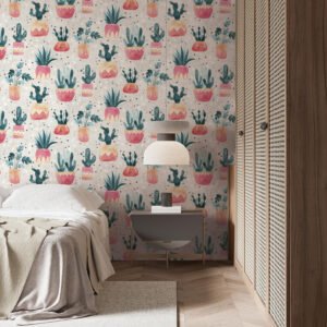 Non-woven wallpaper plants cactus grey green red 81652