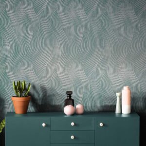 Non-woven wallpaper waves turquoise white gloss 82478