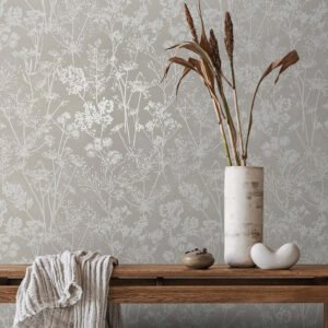 Non-woven wallpaper wildflowers grey white gloss 82464
