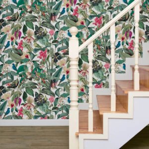 Non-woven wallpaper leaves jungle white green pink 81686