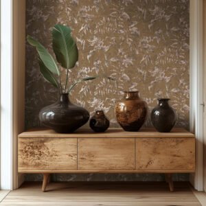 Non-woven wallpaper leaves brown beige metallic 78203-4