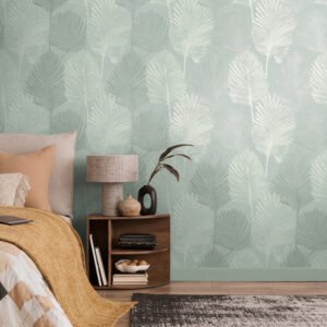 Non-woven wallpaper leaves green grey gloss 78673-4