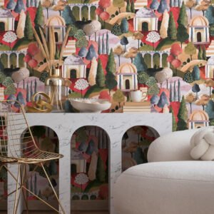 Non-woven wallpaper Mediterranean art green red beige 81662