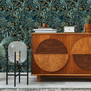 Non-woven wallpaper marble stone look blue yellow 81693