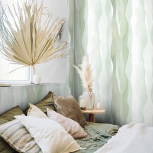 Non-woven wallpaper waves abstract art green cream 81634