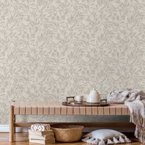 Non-woven wallpaper leaves cream beige metallic 82441