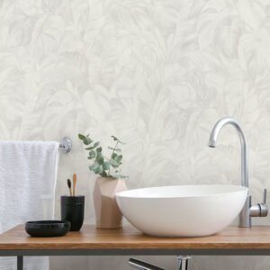 Non-woven wallpaper leaves tropical white grey 10416-31
