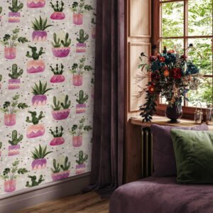 Non-woven wallpaper plants cactus grey green purple 81653