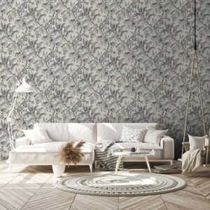 Non-woven wallpaper leaf pattern beige black white 82338