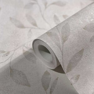 Non-Woven Wallpaper Leaves Metallic white gray 32632