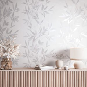 Non-woven wallpaper floral white grey silver metallic 82460