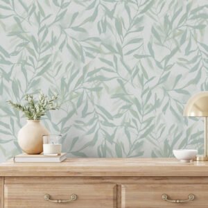 Non-woven wallpaper leaves cream green metallic 82442