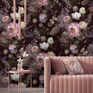 Photo Wallpaper Flowers Vintage Floral Black Pink 81603
