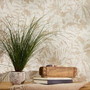 Non-woven wallpaper leaves cream beige metallic 78203-2