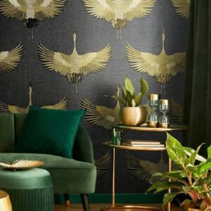 Non-woven wallpaper crane black gold metallic 34532