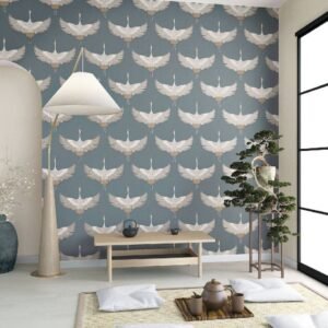 Non-woven wallpaper crane blue copper metallic 34531