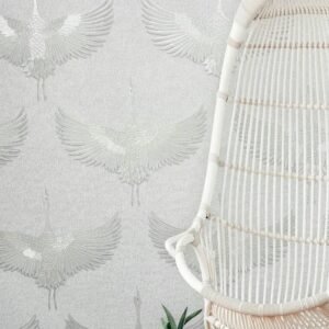 Non-woven wallpaper fabric look crane white metallic 34528