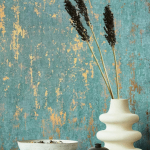 Non-woven wallpaper plaster look turquoise gold 35164