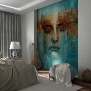 Non-woven wallpaper abstract art face blue grey 35498