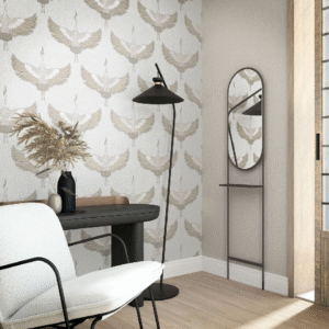 Non-woven wallpaper crane white beige metallic 34529