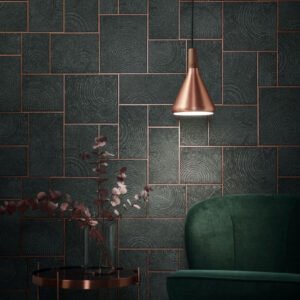 Wallpaper non-woven tiles wood-tiled anthracite blue copper