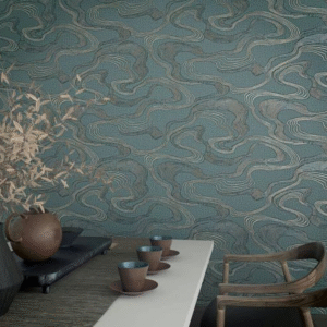 Non-woven wallpaper lines wave pattern blue metallic 34538